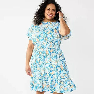 NWT Croft & Barrow Woman's Plus Blue Floral Short Sleeve A-Line Dress in Size 2X